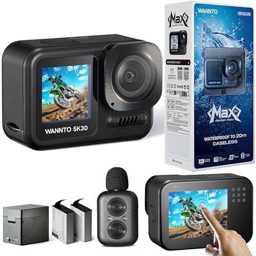 Triumphant Action Camera Motion Max 5K 30MP,IPX8 20M Body Waterproof Underwater Camera WiFi EIS Dual Screen, with 2in1 wireless Microphone Remote Control 2x1350mAh Batteries (Motion Max)