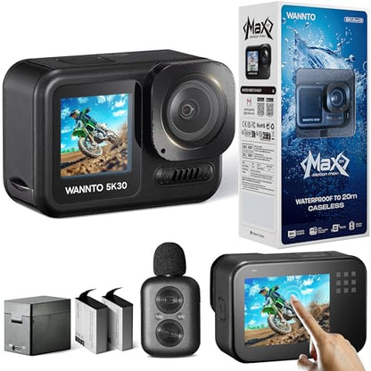 Triumphant Action Camera Motion Max 5K 30MP,IPX8 20M Body Waterproof Underwater Camera WiFi EIS Dual Screen, with 2in1 wireless Microphone Remote Control 2x1350mAh Batteries (Motion Max)