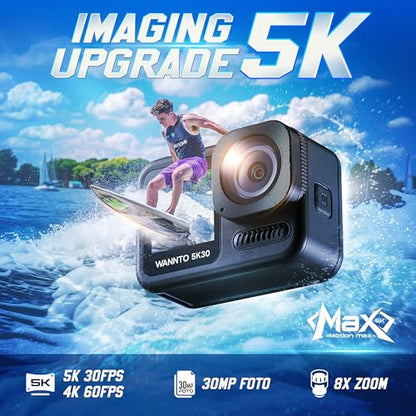 Triumphant Action Camera Motion Max 5K 30MP,IPX8 20M Body Waterproof Underwater Camera WiFi EIS Dual Screen, with 2in1 wireless Microphone Remote Control 2x1350mAh Batteries (Motion Max)