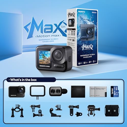 Triumphant Action Camera Motion Max 5K 30MP,IPX8 20M Body Waterproof Underwater Camera WiFi EIS Dual Screen, with 2in1 wireless Microphone Remote Control 2x1350mAh Batteries (Motion Max)