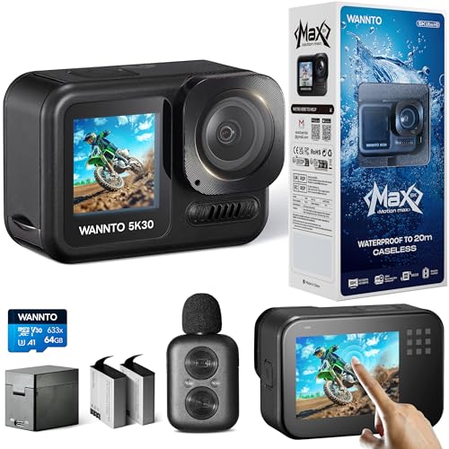 Triumphant Action Camera Motion Max 5K 30MP,IPX8 20M Body Waterproof Underwater Camera WiFi EIS Dual Screen, with 2in1 wireless Microphone Remote Control 2x1350mAh Batteries (Motion Max)