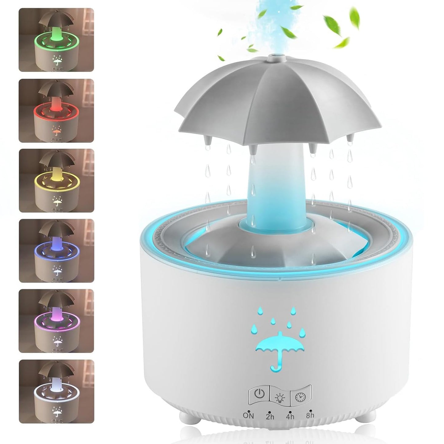 Umbrella Rain Humidifier, 7 Color Raindrop Aromatherapy Diffuser with Rain Sounds For Sleeping, Rotating Umbrella Rain Humidifier Waterfall Lamp, Essential Oil Humidifier (white)