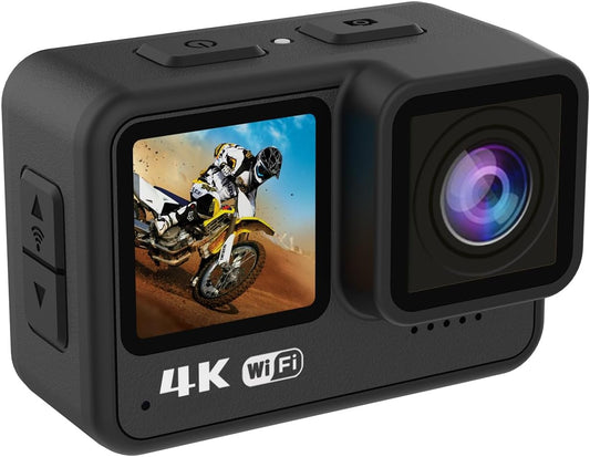 Triomfantlike Standaard 4K 60FPS Aksiekamera 24MP WiFi Sportkamera 170° Wyehoeklens Dubbelskerm Raakbeheer Anti-skud 21M/69ft Liggaam Waterdig met Montage Toebehore Kit vir Duik Branderplankry Ski Fietsry 