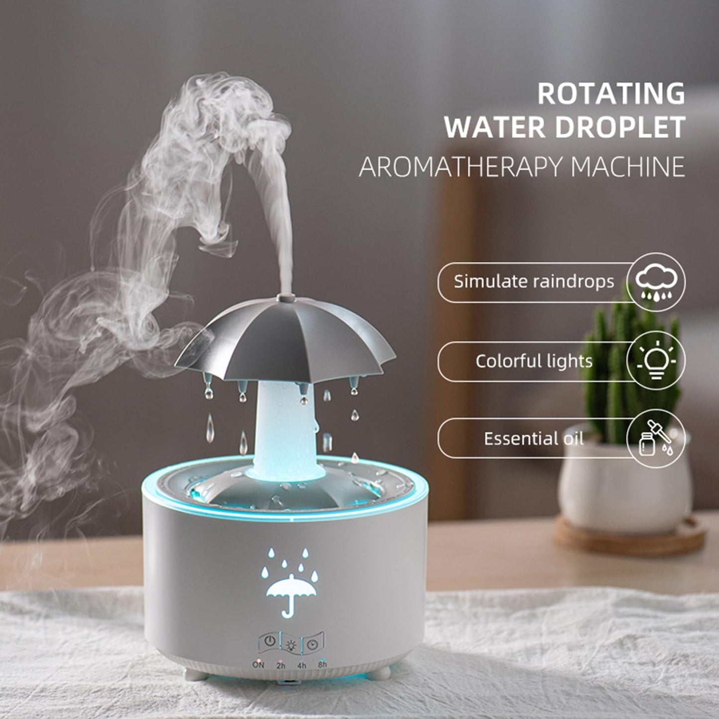 Umbrella Rain Humidifier, 7 Color Raindrop Aromatherapy Diffuser with Rain Sounds For Sleeping, Rotating Umbrella Rain Humidifier Waterfall Lamp, Essential Oil Humidifier (white)