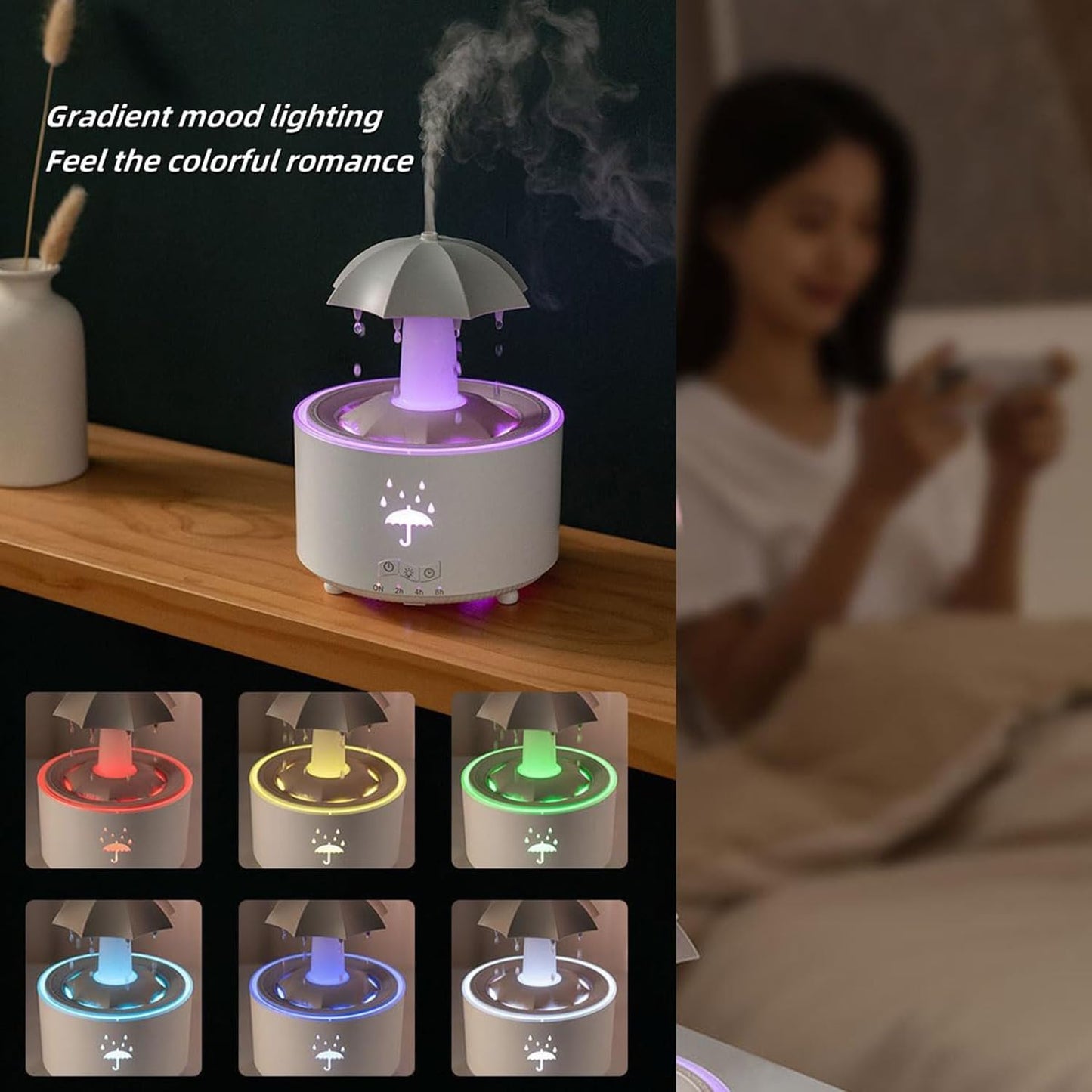 Umbrella Rain Humidifier, 7 Color Raindrop Aromatherapy Diffuser with Rain Sounds For Sleeping, Rotating Umbrella Rain Humidifier Waterfall Lamp, Essential Oil Humidifier (white)