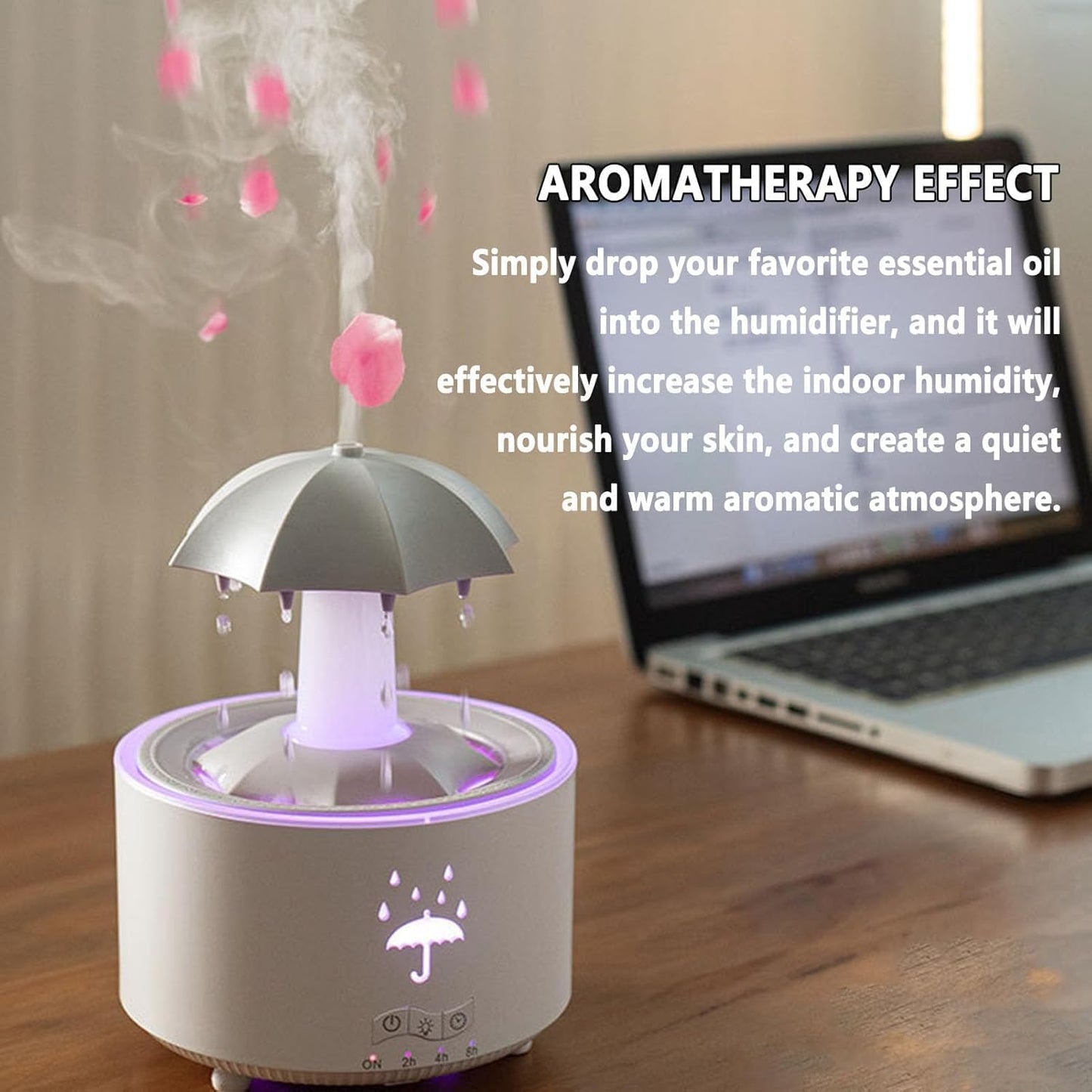 Umbrella Rain Humidifier, 7 Color Raindrop Aromatherapy Diffuser with Rain Sounds For Sleeping, Rotating Umbrella Rain Humidifier Waterfall Lamp, Essential Oil Humidifier (white)