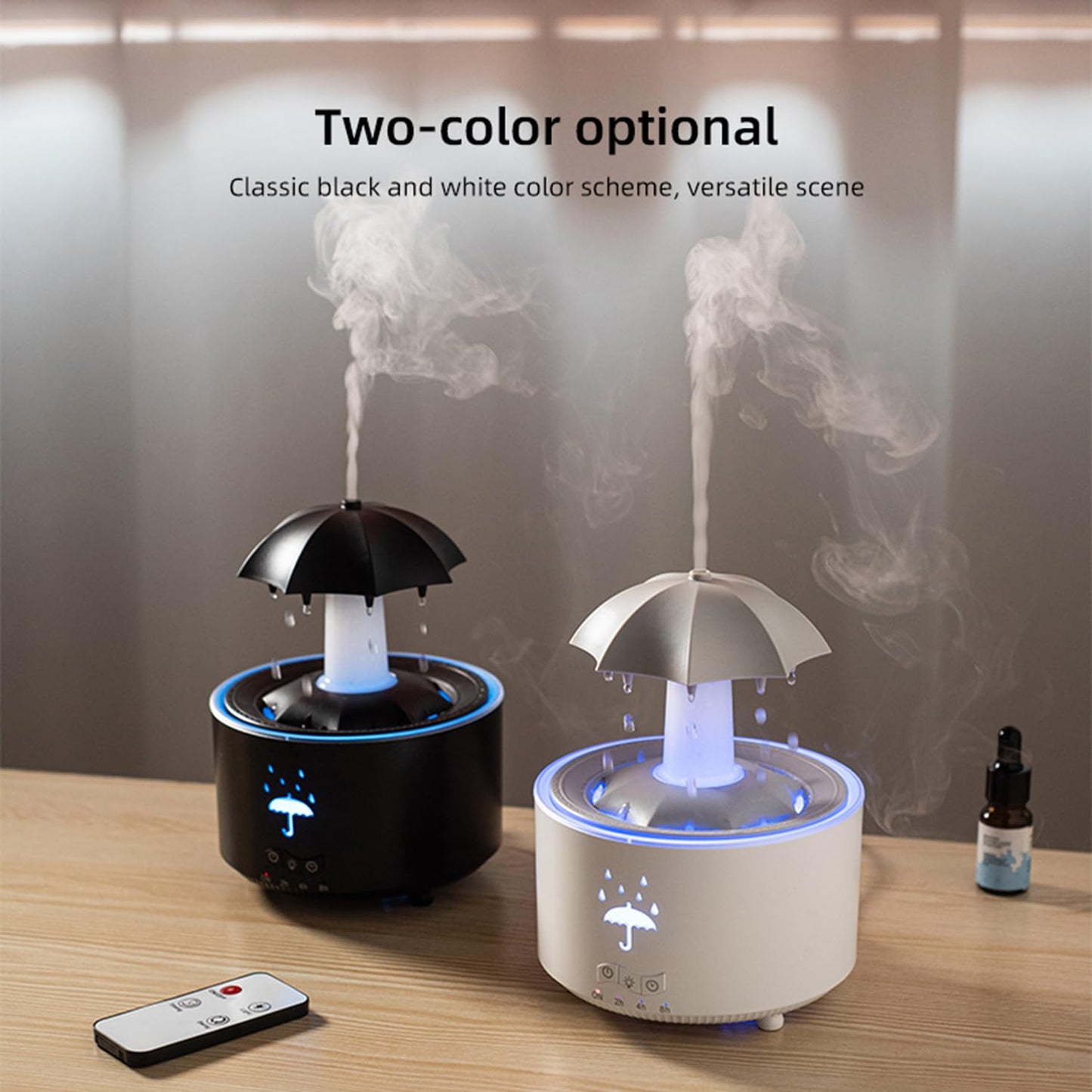 Umbrella Rain Humidifier, 7 Color Raindrop Aromatherapy Diffuser with Rain Sounds For Sleeping, Rotating Umbrella Rain Humidifier Waterfall Lamp, Essential Oil Humidifier (white)