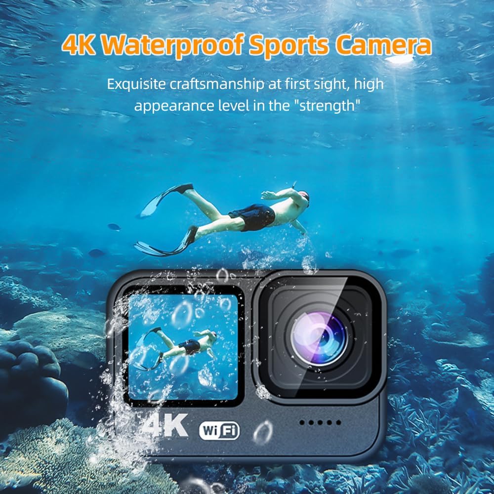 Triumphant Standard 4K 60FPS Action Camera 24MP WiFi Sports Camera 170° Wide Angle Lens Dual Screen Touch Control Anti-Shake 21M/69ft Body Waterproof with Mounting Accessories Kit for Diving Surfing Skiing Cycling