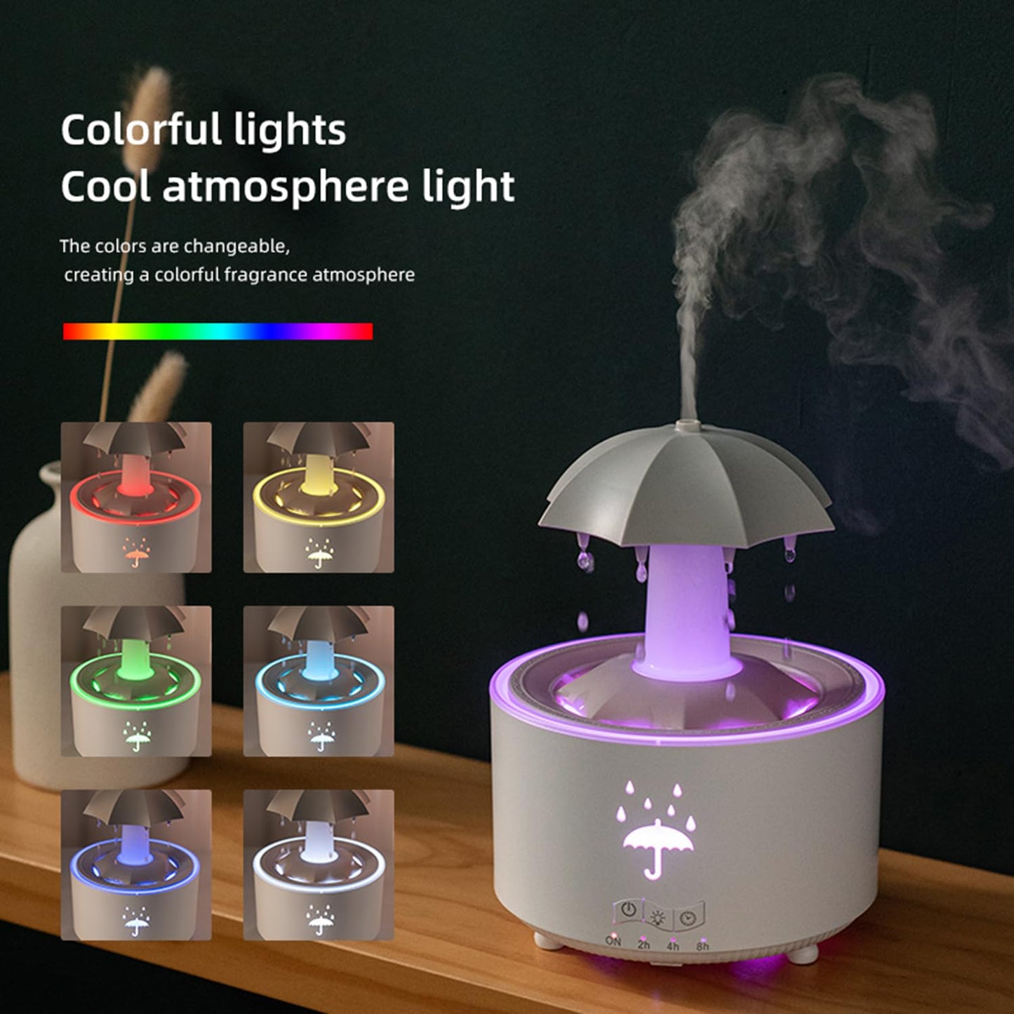 Umbrella Rain Humidifier, 7 Color Raindrop Aromatherapy Diffuser with Rain Sounds For Sleeping, Rotating Umbrella Rain Humidifier Waterfall Lamp, Essential Oil Humidifier (white)